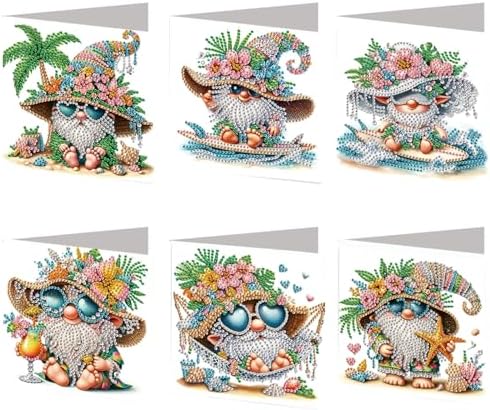 FRANDEK 6pcs Beach Gnome DIY Diamond Art Painting Greeting Cards for Adults by FRANDEK