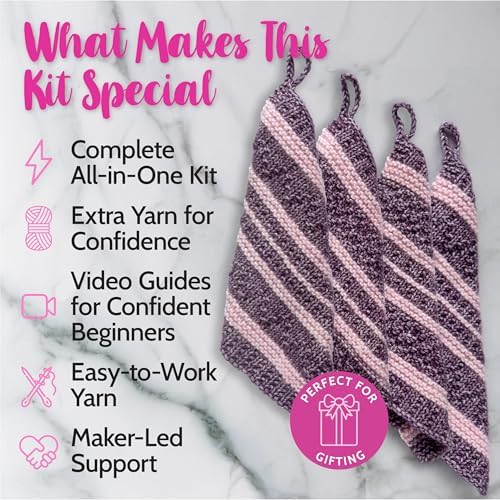KnitPal Dishcloth Knitting Kit for Beginners (Plum Purple + Blush Pink) - Image 2