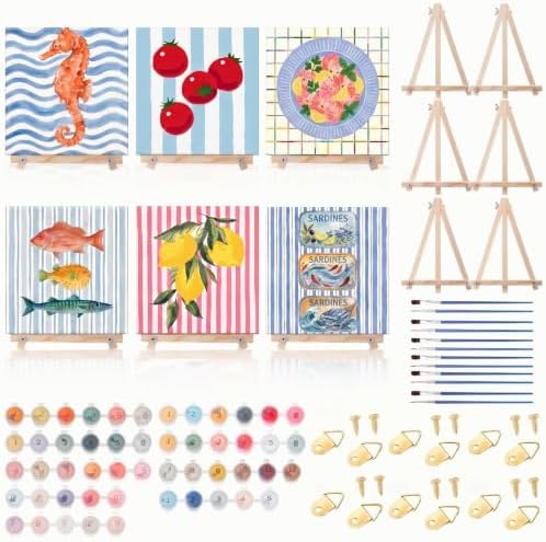 YooNotee 6 Pack Paint by Numbers Kit, 8x8 DIY Canvas with Easel Fish by Unknown
