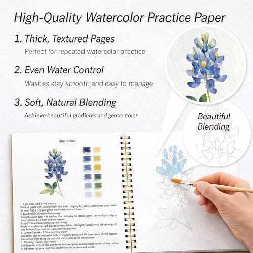Watercolor Workbook for Beginners – Flowers, 16 Original Watercolor Projects, Lay-Flat Watercolor Paper Book(9.45 × 7.48 in), Water Coloring Book for Adults, Art Gift - Image 6