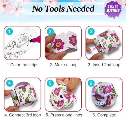10 DIY Origami Balls, Paper Ornaments, Orbs. No Tools Needed, Just Color-Connect-Complete. Kids + Adult Coloring Craft, Stimulates Creativity, Releases Stress. Fun Family Activity (Flower Patterns) - Image 4