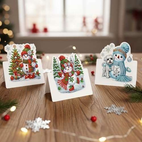 6 Packs Snowman DIY Diamond Art Greeting Cards with Envelopes Special Shaped 3D Fold Rhinestone Painting Card Handmade Gem Dots Art Kit for Beginner Adult Birthday Holiday Blessing Gift - Image 3