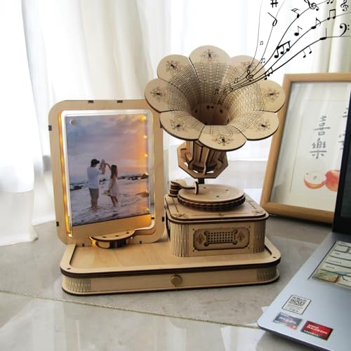 CUBERIE 3D Puzzles for Adults, Gramophone Wooden Model kit Music Box Gifts for Woman man, Assembly Three-D Wood Puzzle Decor with Acrylic Picture Frame, Toys for Ages 14 and up - Image 2