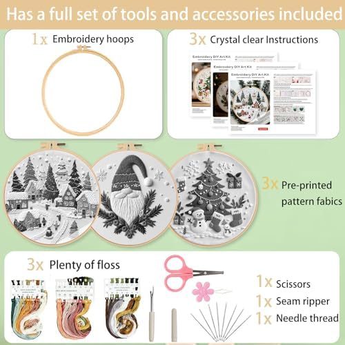 Ohcol 3 Sets Christmas Embroidery Kit,Cross Stitch Kits for Beginners,Needlepoint Kits for Adults with Easy Floral Pattern Hand Crafts,Hoop,Needle - Image 4
