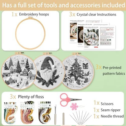 Ohcol 3 Sets Christmas Embroidery Kit,Cross Stitch Kits for Beginners,Needlepoint Kits for Adults with Easy Floral Pattern Hand Crafts,Hoop,Needle - Image 4