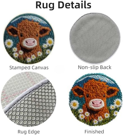 Latch Hook Rug Kit Cute Highland Cow with Daisy Flower Easy for Beginners Round Shape Carpet Crochet Yarn Craft Mini Rug DIY Hook and Latch Little Tapestry for Home Decor 30x30cm-1 - Image 3