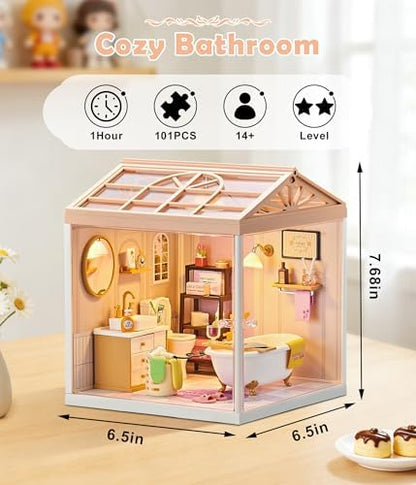 Cozy Bathroom DIY Miniature House Kit for Adults, 3D Dollhouse with LED Light & Dustproof Door, Stackable Connectable Display Case, Creative Gift for Self-Care Lovers Teens Women - Image 2
