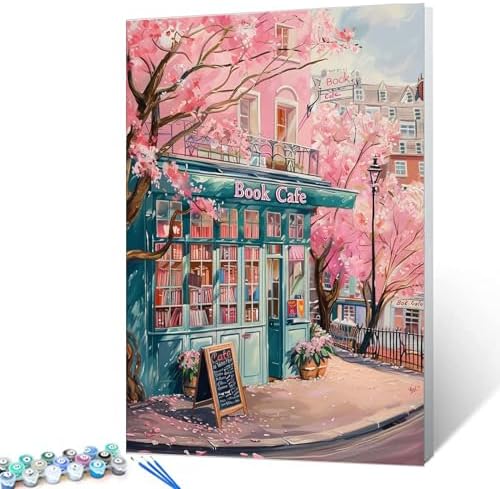 Aihonmin Book Cafe Paint by Numbers Kits for Adult Paint by Numbers Book Theme Library Paint by Numbers Boho Painting Kits on Colored Canvas Art Set for Gift Home Decor Without Framed 16''W x 20''H by Aihonmin