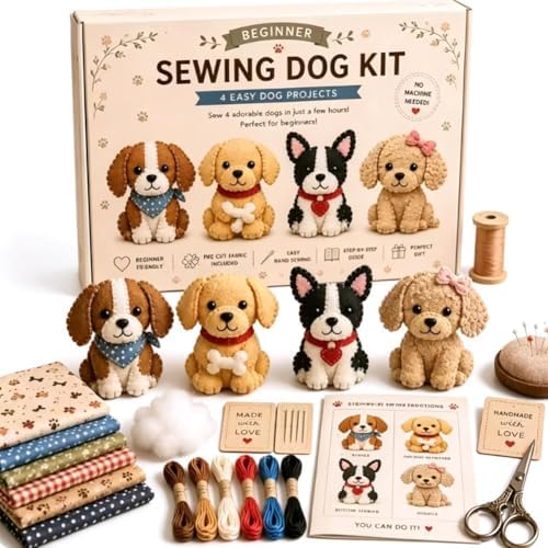 PandaXun DIY Fabric Dogs Craft Kit – Creative Handmade Art, Stitch Your Own Whimsical World Patchwork Sewing Set 3D Cute Animal for Making Ornament Adults Beginners, Gift Holidays Keychain by PandaXun