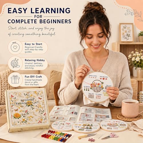 Ruyitycy Embroidery Kit for Beginners and Adults, Learn 21 Stitches with Video Tutorials, All-in-One Hand Embroidery Starter Set with Patterns, Hoop, Threads and Tools - Image 3
