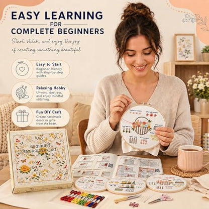 Ruyitycy Embroidery Kit for Beginners and Adults, Learn 21 Stitches with Video Tutorials, All-in-One Hand Embroidery Starter Set with Patterns, Hoop, Threads and Tools - Image 3