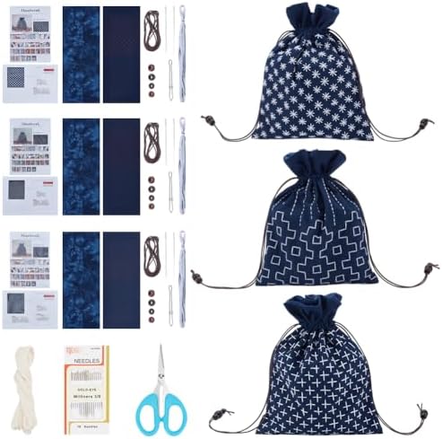 INFUNLY 3 Set Sashiko Drawstring Bag Kit DIY Sashiko Embroidery Bag Set with Printed Fabric Sewing Handbag Kits Embroidery Starter Kit Needlepoint Sewing Bags with Instruction for Beginner Adult - Image 6