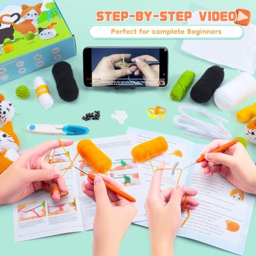 Auspicious beginning Cat Crochet Kit for Beginners-Crochet Kits 4PCS Cats Family Crochet Animals Kits with Step-by-Step Video Tutorials, Crochet Starter Kit Learn to Crochet Kits for Adults - Image 3