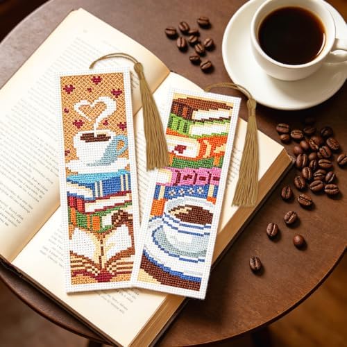 ACRNIGHEET 6PCS Cross Stitch Bookmark Kit for Beginner Stamped Cross Stitch Kits for Adults Book&Coffee DIY Tassel Embroidery Bookmark Kits Needlepoint Kit with Instructions Craft Gift 8.5''x3'' 11CT - Image 5