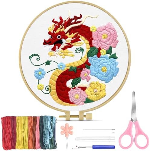 TINDTOP Embroidery Kit for Beginners Adult, Dragon Embroidery Kit for Beginners Include Embroidery Cloth Hoops Threads for Craft Lover Hand Stitch with Embroidery Skill Techniques by TINDTOP