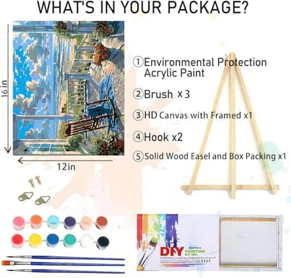 Clendo Landscape Paint by Numbers for Adults with Easel, Beach Adult Paint by Number Kits on Canvas, Framed DIY Color Oil Painting Acrylic Paints,Home Wall Decor 12x16inch - Image 2