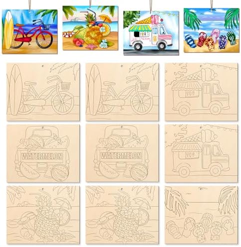 COCHIE 10 Pieces Large Summer Unfinished Wood Crafts to Paint for Adults, Bulk Predrilled Wooden Ornaments for Painting, Beach Pattern Paintable Wood Slices Craft Supplies with Ropes by COCHIE