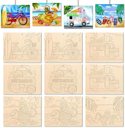 COCHIE 10 Pieces Large Summer Unfinished Wood Crafts to Paint for Adults, Bulk Predrilled Wooden Ornaments for Painting, Beach Pattern Paintable Wood Slices Craft Supplies with Ropes by COCHIE