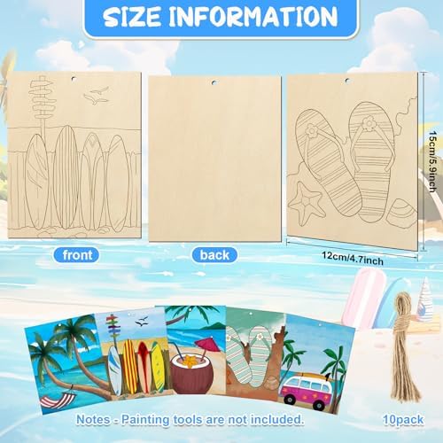 COCHIE 10 Pieces Large Summer Unfinished Wood Crafts to Paint for Adults, Bulk Predrilled Wooden Ornaments for Painting, Beach Paintable Wood Slices Craft Supplies with Ropes - Image 2