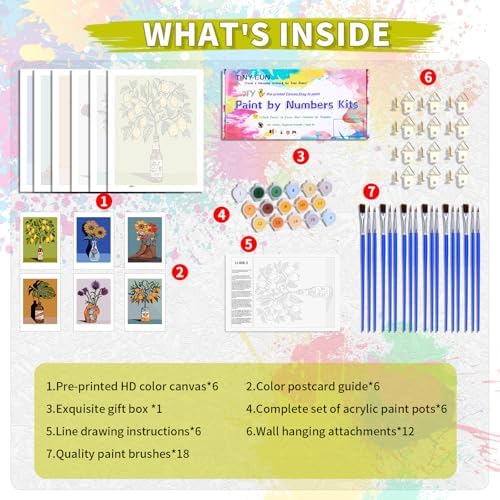 TINY FUN 6 Pack Paint by Numbes kit for Adults Beginners DIY Paint by Numbers Acrylic Paint Canvas Colorful Flowers Painting Kits Art Craft Gift for Home Decor16x20 Inch（Without Frame） - Image 3
