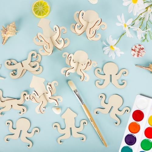 COCHIE DIY 3D Summer Ocean Wood Crafts to Paint for Kids Adults, Paintable Unfinished Wooden Slices for Craft, Octopus Squid Cutouts Ornaments for Painting Decorations 24 PCS Formed Into 8 Crafts - Image 7