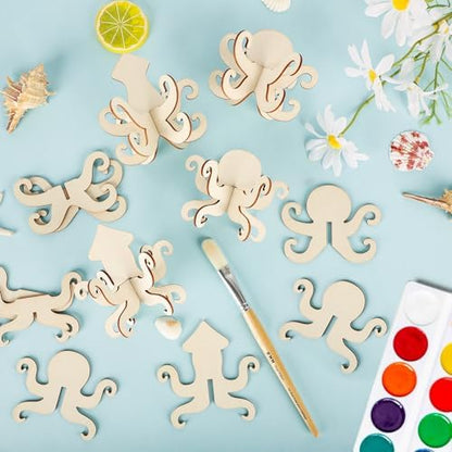 COCHIE DIY 3D Summer Ocean Wood Crafts to Paint for Kids Adults, Paintable Unfinished Wooden Slices for Craft, Octopus Squid Cutouts Ornaments for Painting Decorations 24 PCS Formed Into 8 Crafts - Image 7