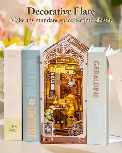 ROBOTIME DIY Book Nook Kit Holiday Café, 3D Wooden Puzzle Miniature Coffee Shop with LED Light, Creative Bookshelf Decor Diorama Kit for Adults, Unique Gift Idea - Image 5