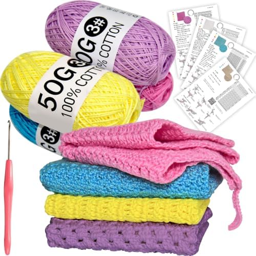 zwzxd Beginner Crochet Kit: Cotton Thread, Hooks & DIY Dishcloth Tutorial （BRT Rainbow Candy） by zwzxd