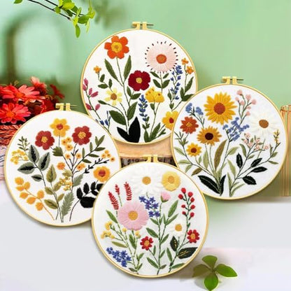 Zhenqing 4-Piece Floral Embroidery Kit for Beginners - Complete Set with Sunflower, Daisy Designs & Pre-Printed 29x29cm Cotton Fabric, Hoop, Threads & Tools(C0166) - Image 2
