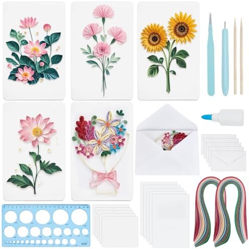 WEBEEDY 20 Sets DIY Flower Paper Quilling Kits for Adults 5 Styles Roses,Lotus,Daisies,Lilies Greeting Cards Making Kit with 20 Blank Cards,36 Colors Strips,Quilling Tools and Instruction for Birthday by WEBEEDY