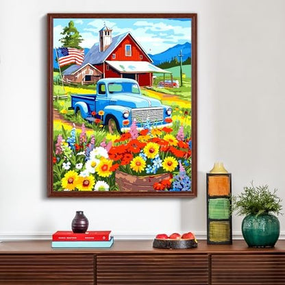 ZTOTZ Vintage Blue Truck Paint by Numbers Kit for Adults, 16x20 in American Farm Countryside Paint by Number Canvas, Red Barn -Floral Landscape Oil Painting for Adults Set - Image 3