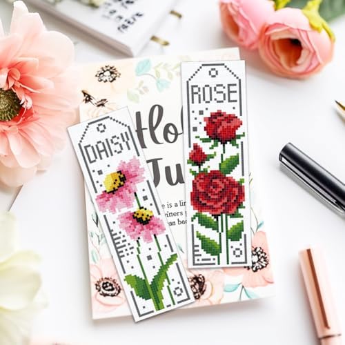 ACRNIGHEET 6PCS Cross Stitch Bookmark Kits for Beginner Flower Crossstitch Kits Adult Rose Daisy Lily Stamped Embroidery Bookmarks with Accessories for Adults Craft Gift 11CT - Image 6