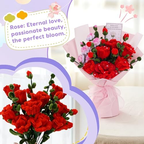 900 PCS Pipe Cleaners Craft, Pipe Cleaner Bulk Flower Kit 14 Colors Chenille Stems Flower Making Kit with Greeting Card, Floral Wires, Tape, Stamen, Floral Wrapping Paper & Ribbon for Art DIY Flowers - Image 3