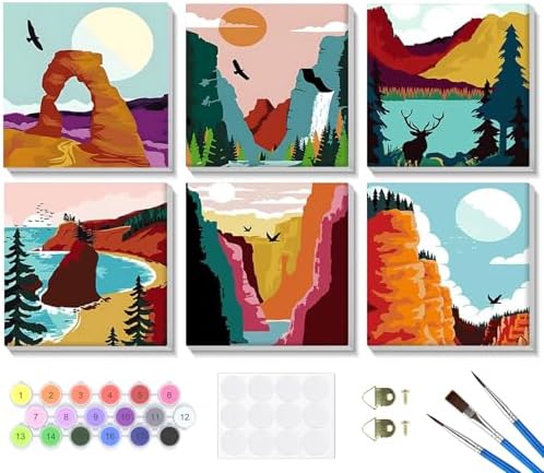 Bowetile 6 Pack Framed Paint by Numbers Kit for Adults Beginner, Landscape Adults' Paint-by-Number Kits on Canvas, Easy Acrylic Number Painting Kits for Home Decor Gifts, 8x8in by BOWETILE