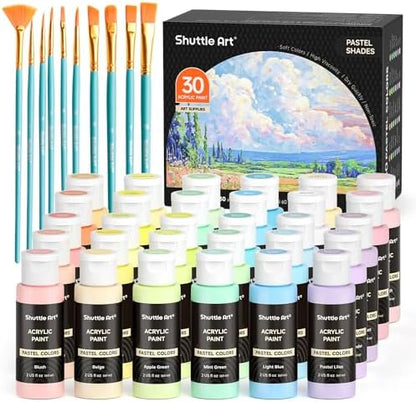 Shuttle Art 40 Pack Pastel Acrylic Paint Set, 30 Colors, 60ml/2oz Bottles, High Viscosity, Water-proof With 10 Paint Brushes for Painting &Crafting on Canvas, Rock, Ceramic, Fabric, Clay by ShuttleArt