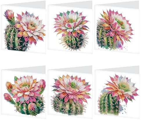 Tontut 6pcs Diamond Art Painting Kit Greeting Card, Cactus Flower 5D DIY Diamond Handmade Holiday Glitter Greeting Card with Envelope, Holiday Gift Congratulation by Tontut