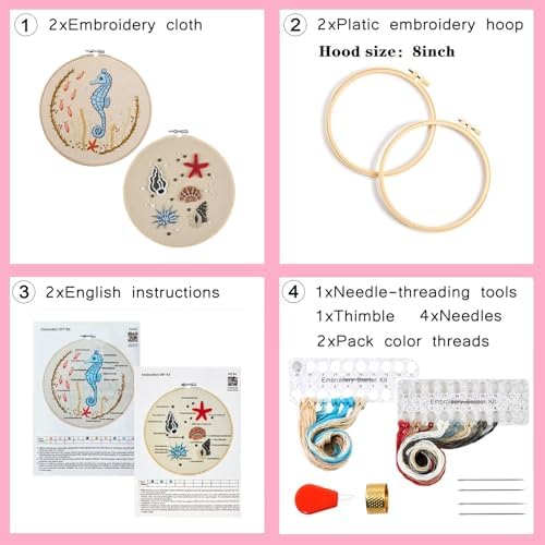 Beach Embroidery Kits for Beginners Adults, Coastal Hand Embroidery Set Needlepoint Kits, Stamped Cross Stitch Kits for Beginners Adults, 2 Embroidery Hoops, Fabric, Thread (Attached Video Tutorial) - Image 7