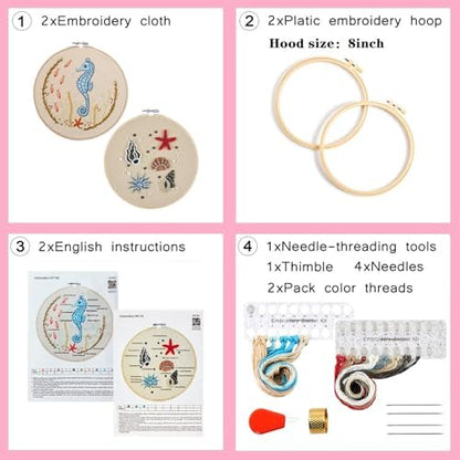Beach Embroidery Kits for Beginners Adults, Coastal Hand Embroidery Set Needlepoint Kits, Stamped Cross Stitch Kits for Beginners Adults, 2 Embroidery Hoops, Fabric, Thread (Attached Video Tutorial) - Image 7