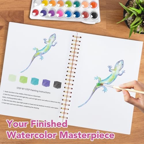 Easy Watercolor Workbook for Beginners - 12 Beautiful Step-by-Step Paintings Water Coloring Book, Includes 16 Colors Paints, Relaxing Art Projects and Creative Gift for Adults & Teen (Lizards) - Image 6