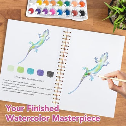 Easy Watercolor Workbook for Beginners - 12 Beautiful Step-by-Step Paintings Water Coloring Book, Includes 16 Colors Paints, Relaxing Art Projects and Creative Gift for Adults & Teen (Lizards) - Image 6