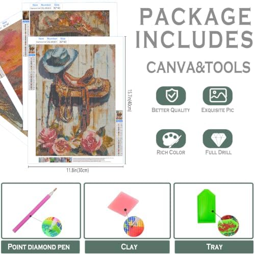 sdfkmlcdl Vintage Western Diamond Art Kits for Adults, Rustic Country Cowgirl Boots Horse Full Drill Diamond Painting Kits for Adults Beginners 4 Pack, Cowgirl Room Decor, 12x16 Inch - Image 3