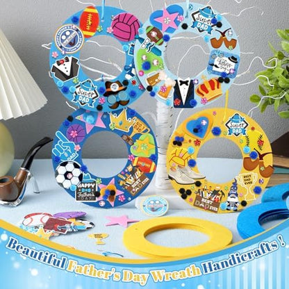 Wavwavw 472 Pcs Father's Day DIY Craft Kits Father Day Wreath Craft Kit Happy Wreath Arts Decoration with Crown Tie Trophy Ball Toolbox Stickers for Party Supplies - Image 5