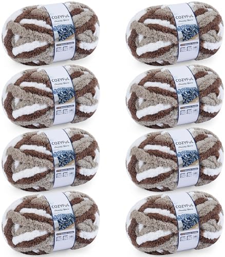 Cozyful Chunky Yarn for Hand Knitting - #10 Chunky Chenille Blanket Yarn, Jumbo Big Thick Chunky Yarns for Crocheting, Tie Dye Bulky Knit Yarns, 8 Skein (20 yds 8 oz Each Skein), Multi Coffee & White by Cozyful