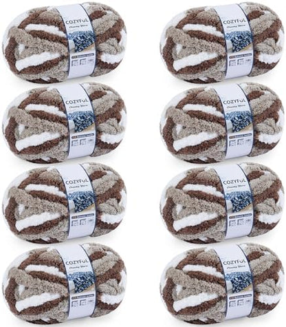 Cozyful Chunky Yarn for Hand Knitting - #10 Chunky Chenille Blanket Yarn, Jumbo Big Thick Chunky Yarns for Crocheting, Tie Dye Bulky Knit Yarns, 8 Skein (20 yds 8 oz Each Skein), Multi Coffee & White by Cozyful