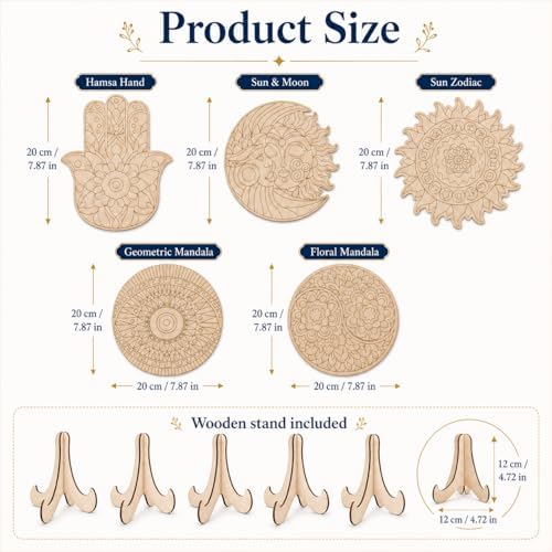 byvood 5 Pack Mandala Painting Set, Wooden Mandala Coloring Set with Markers, DIY Unfinished Wood Cutouts, Paint Your Own Wood Craft for Adults, Home Classroom Table Decor - Image 4