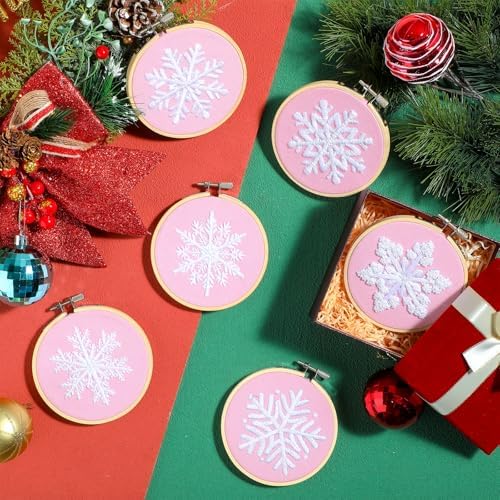 Roowest 6 Sets Christmas Embroidery Kits Snowflake Ornament DIY,Pink - Image 5