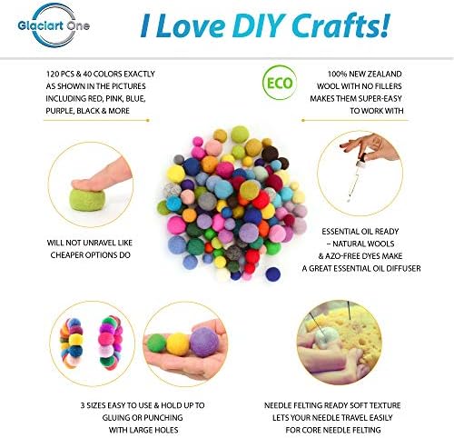 Glaciart One Felt Pom Poms, Wool Balls (120 Pcs) 3 Sizes: 1.5 cm, 2 cm & 2.5 cm, Handmade Felted 40 Color (Red, Pink, Blue, Orange, Yellow, White, Pastel & More),Bulk Small Puff for Felting &Garland - Image 2