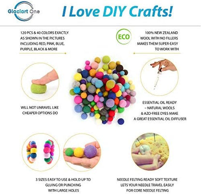Glaciart One Felt Pom Poms, Wool Balls (120 Pcs) 3 Sizes: 1.5 cm, 2 cm & 2.5 cm, Handmade Felted 40 Color (Red, Pink, Blue, Orange, Yellow, White, Pastel & More),Bulk Small Puff for Felting &Garland - Image 2