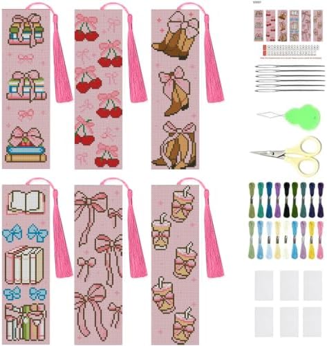 KYOQFVN 6 Pcs Pink Cross Stitch Bookmark Kit for Beginner, 14 CT Bow Stamped Cross Stitch Kits, Stamped Embroidery Bookmark Kit with Instructions Hand Craft by KYOQFVN