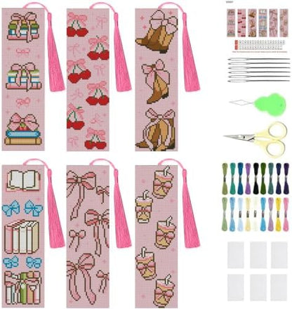 KYOQFVN 6 Pcs Pink Cross Stitch Bookmark Kit for Beginner, 14 CT Bow Stamped Cross Stitch Kits, Stamped Embroidery Bookmark Kit with Instructions Hand Craft by KYOQFVN